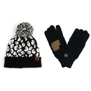 CC Animal Print Pom Pom Beanie and Glove Set BLACK